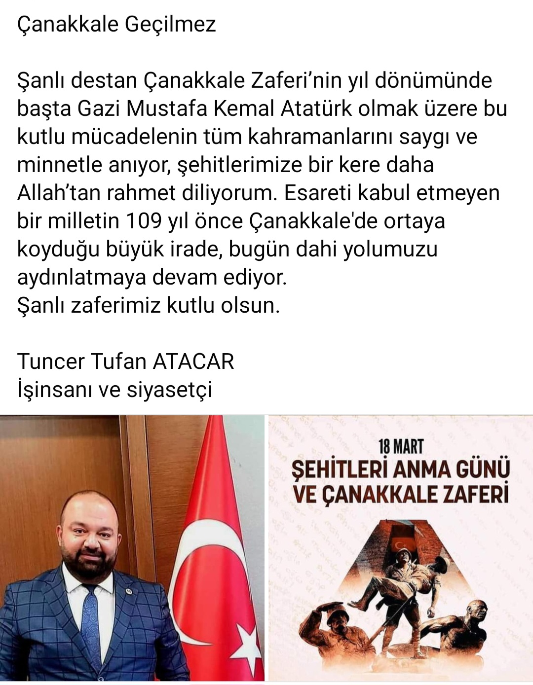 İşinsanı ve Siyasetçi Tuncer Tufan Atacar'dan 18 Mart Mesajı 