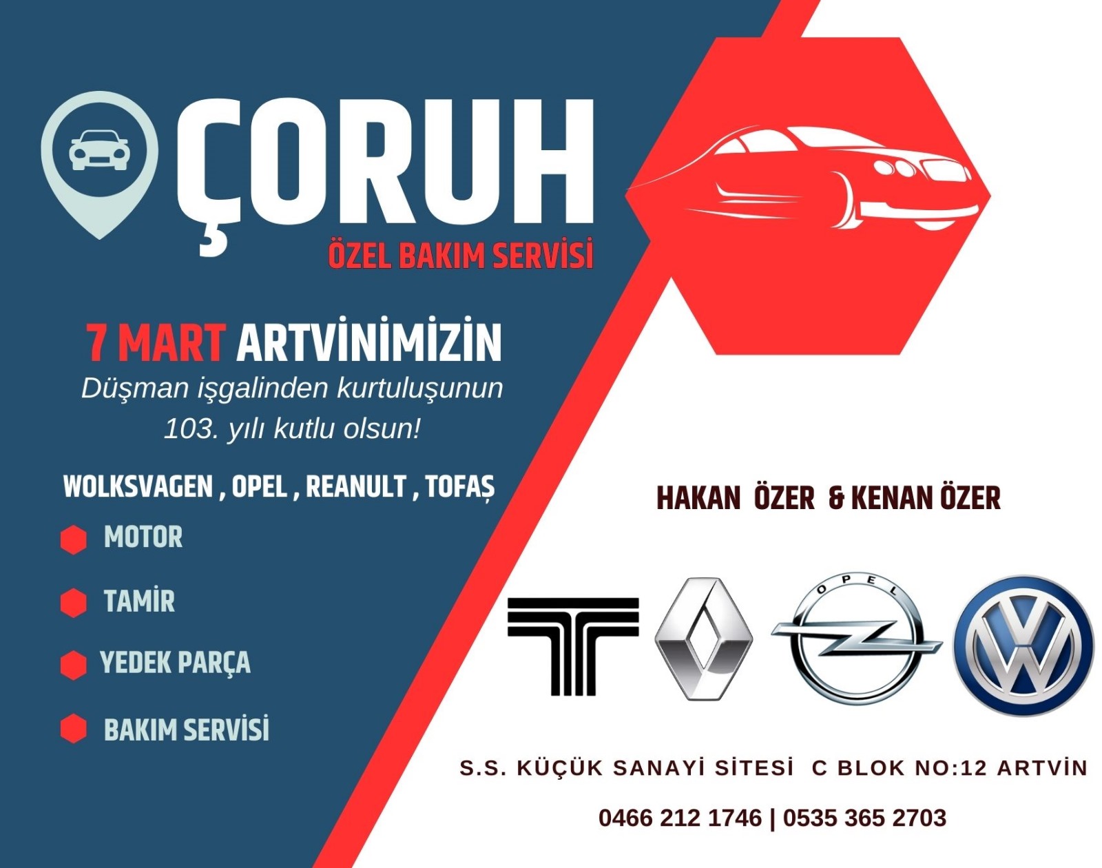 Çoruh Reno Oto Tamir 7 Mart Kurtuluş Bayram Mesajı Yayımladı