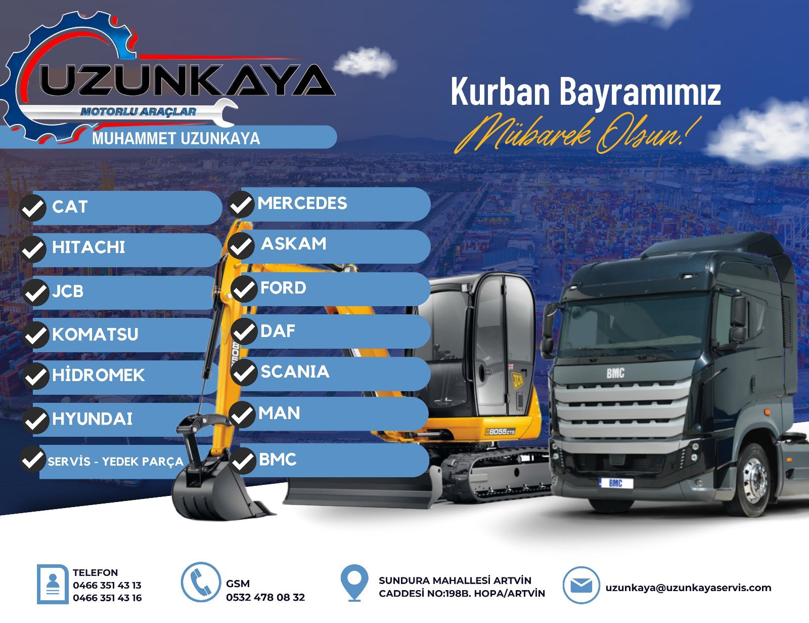 Artvin Hopa'nın önemli işletmelerinden Uzunkaya Motorlu Araçlar Firması, Kurban Bayram Mesajı Yayımladı